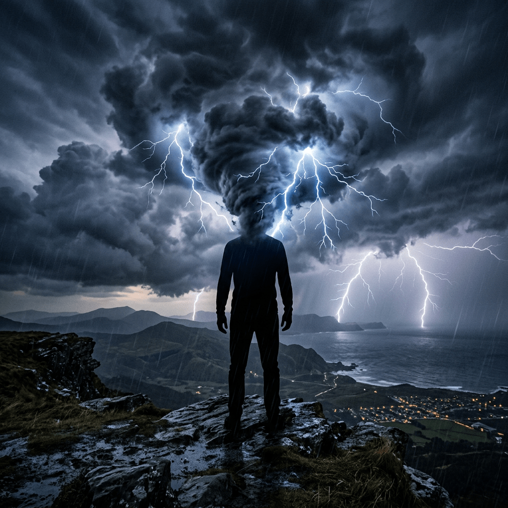 Silhouette of a person with a storm cloud head emitting lightning bolts over a rainy landscape