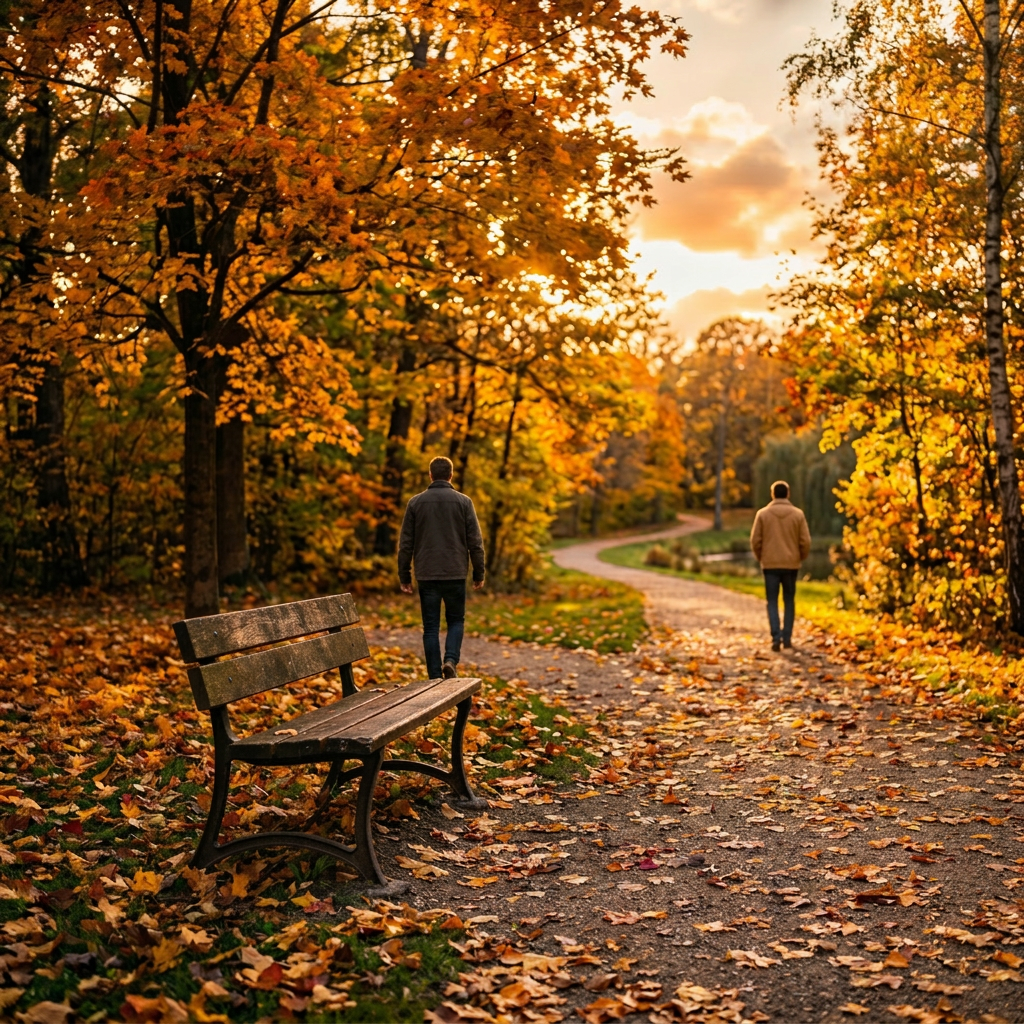 Two people walking on a park path surrounded by trees with autumn leaves