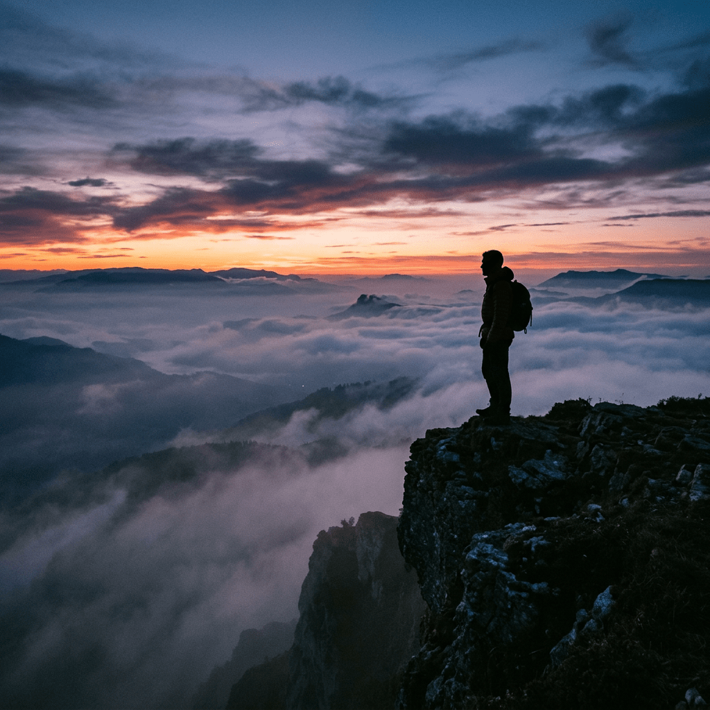 Silhouette of a person with backpack standing on a cliff above clouds during sunrise