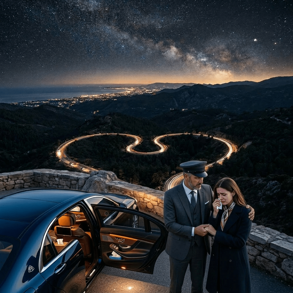 Curvy mountain road with moving cars and Milky Way visible in night sky