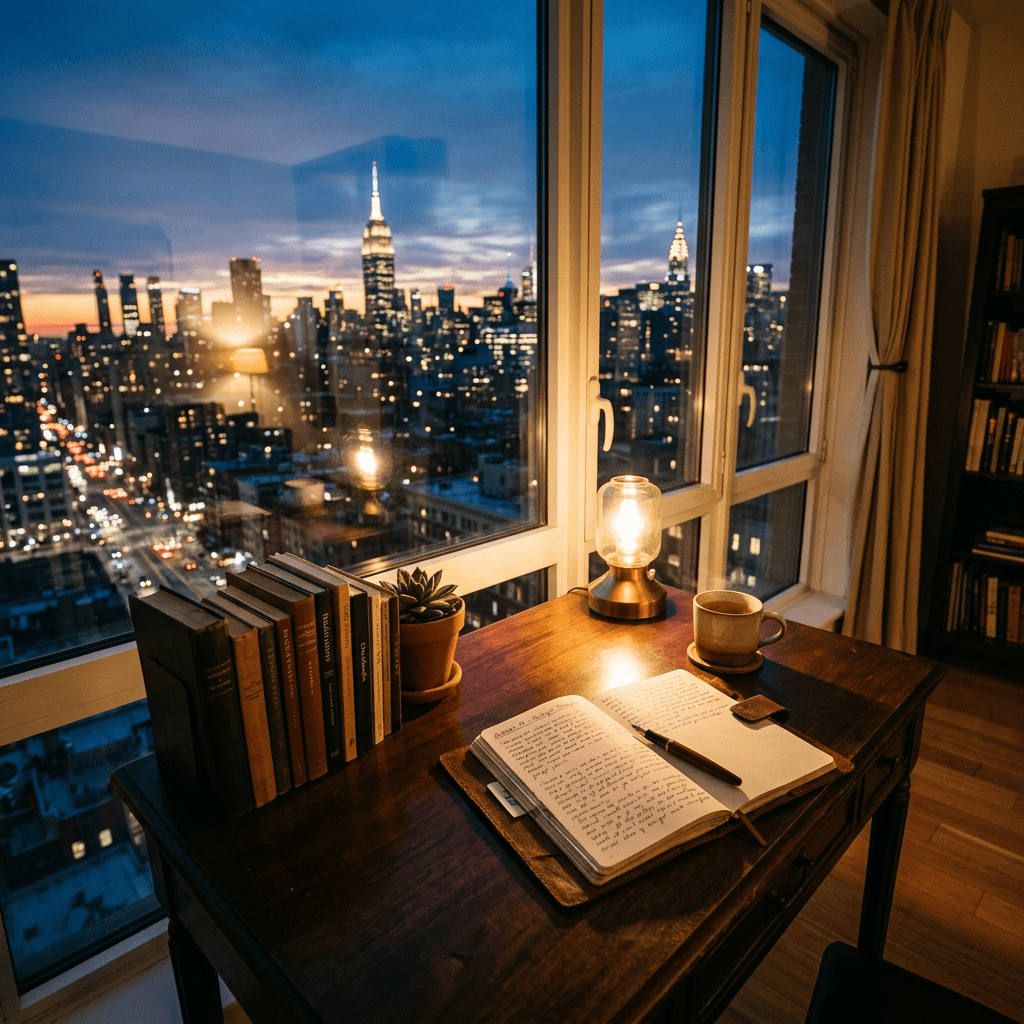 Wooden desk with open journal, pen, lamp, cup, and books by window showing city skyline at twilight