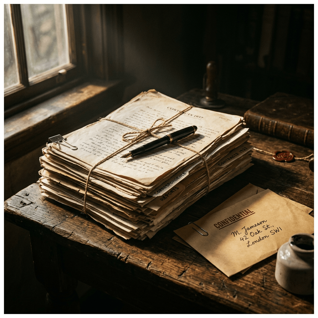 Stack of old contracts and reports tied with string and a black fountain pen on a wooden desk