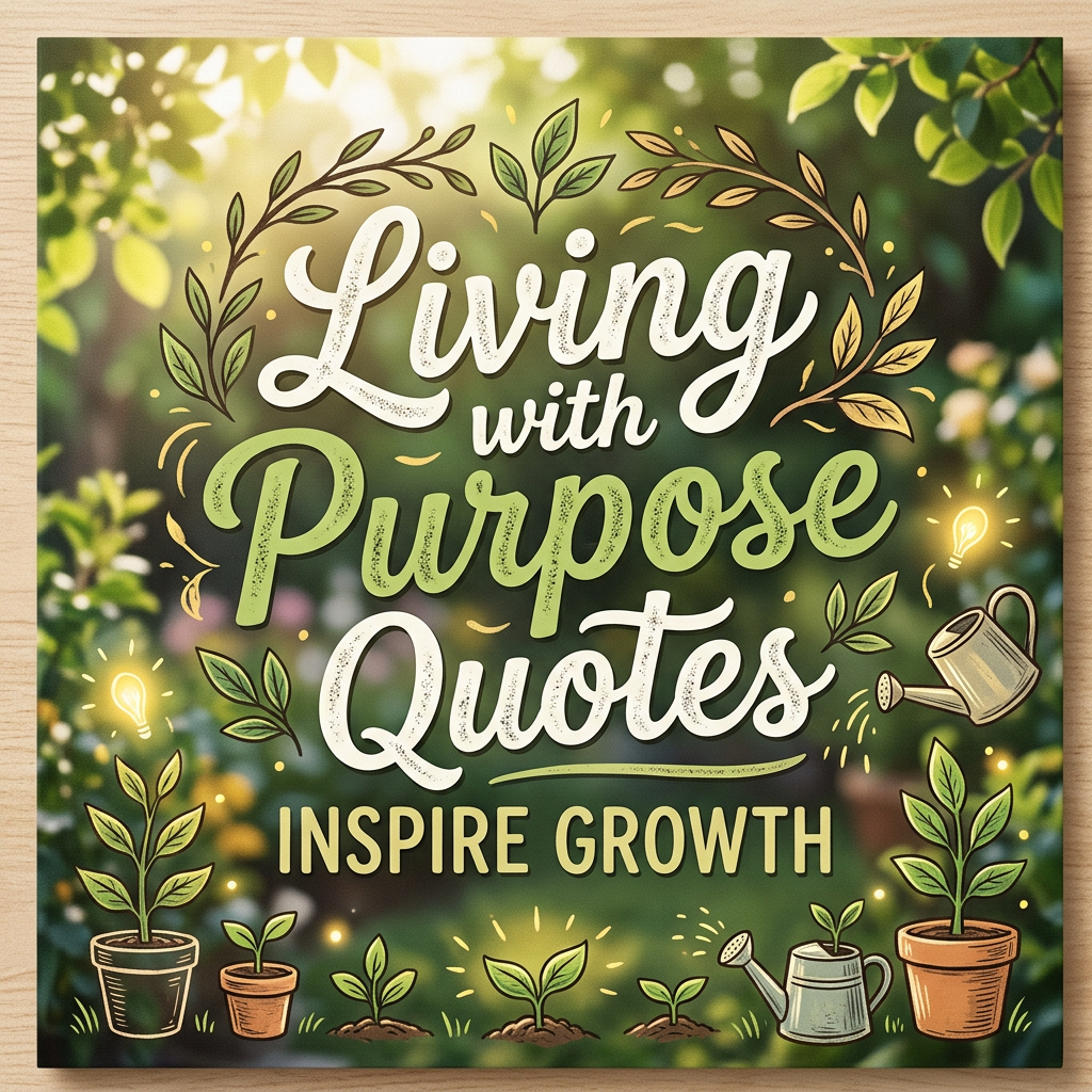 Illustration with the text 'Living with Purpose Quotes Inspire Growth' surrounded by plants, leaves, and watering cans